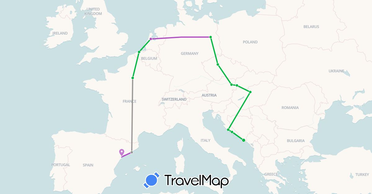 TravelMap itinerary: driving, bus, plane, train in Austria, Belgium, Czech Republic, Germany, Spain, France, Croatia, Hungary, Netherlands, Slovakia (Europe)